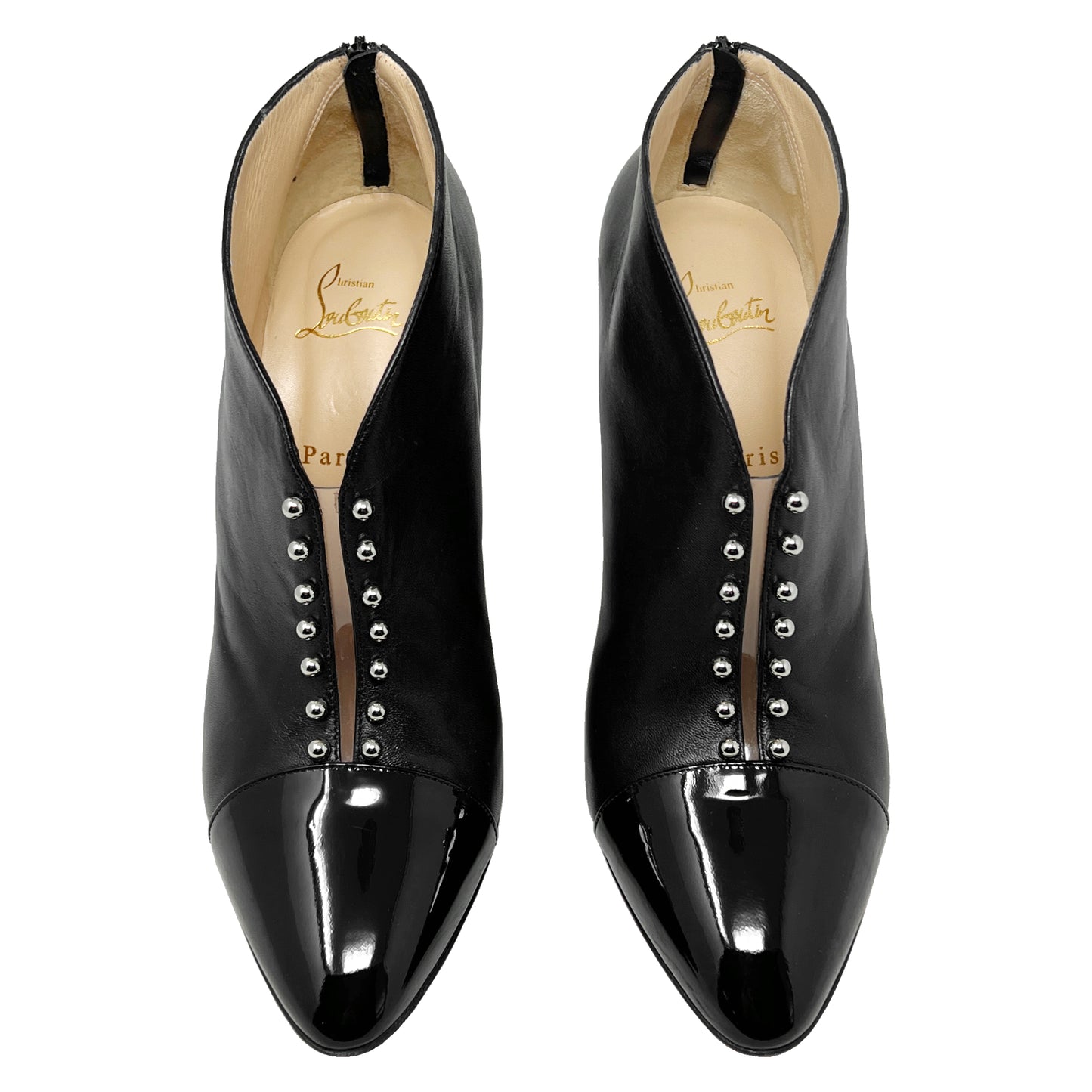 Christian Louboutin Preduboots Black Leather Patent Cap Toe Ankle Boots Heels Size EU 41