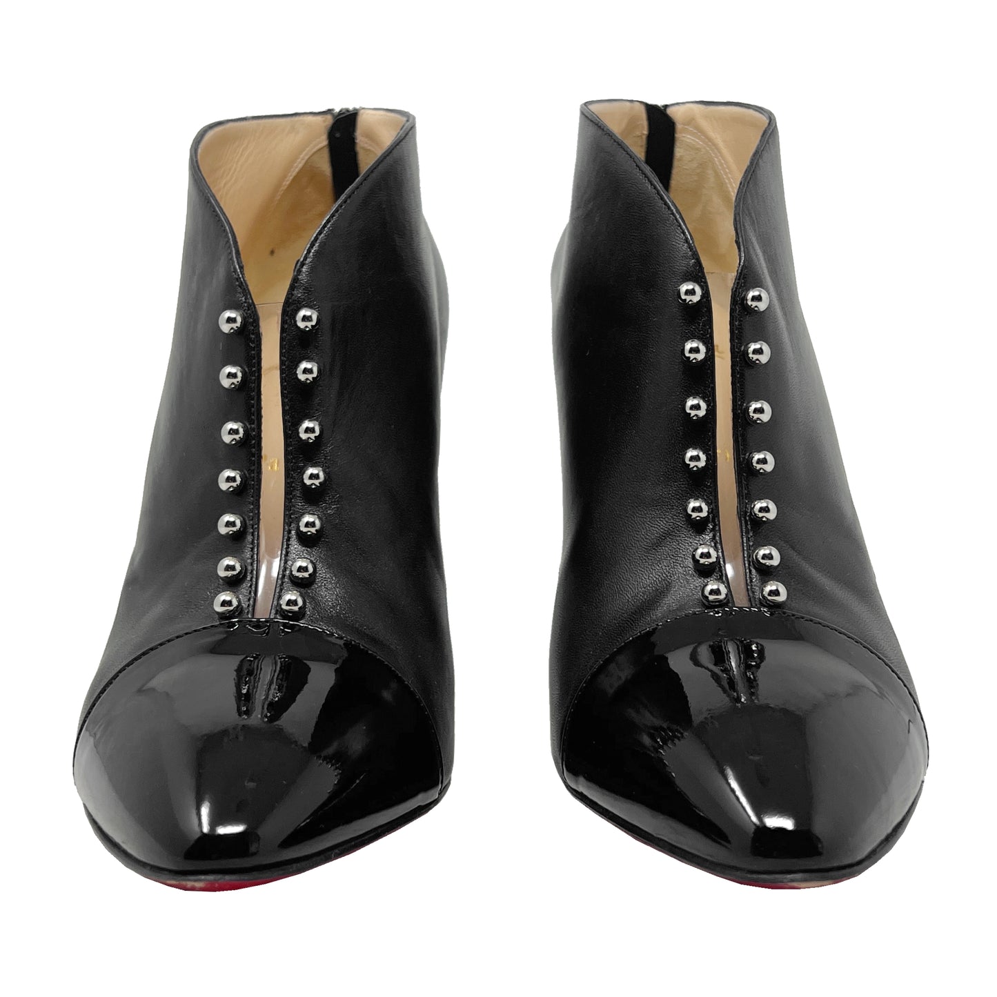 Christian Louboutin Preduboots Black Leather Patent Cap Toe Ankle Boots Heels Size EU 41