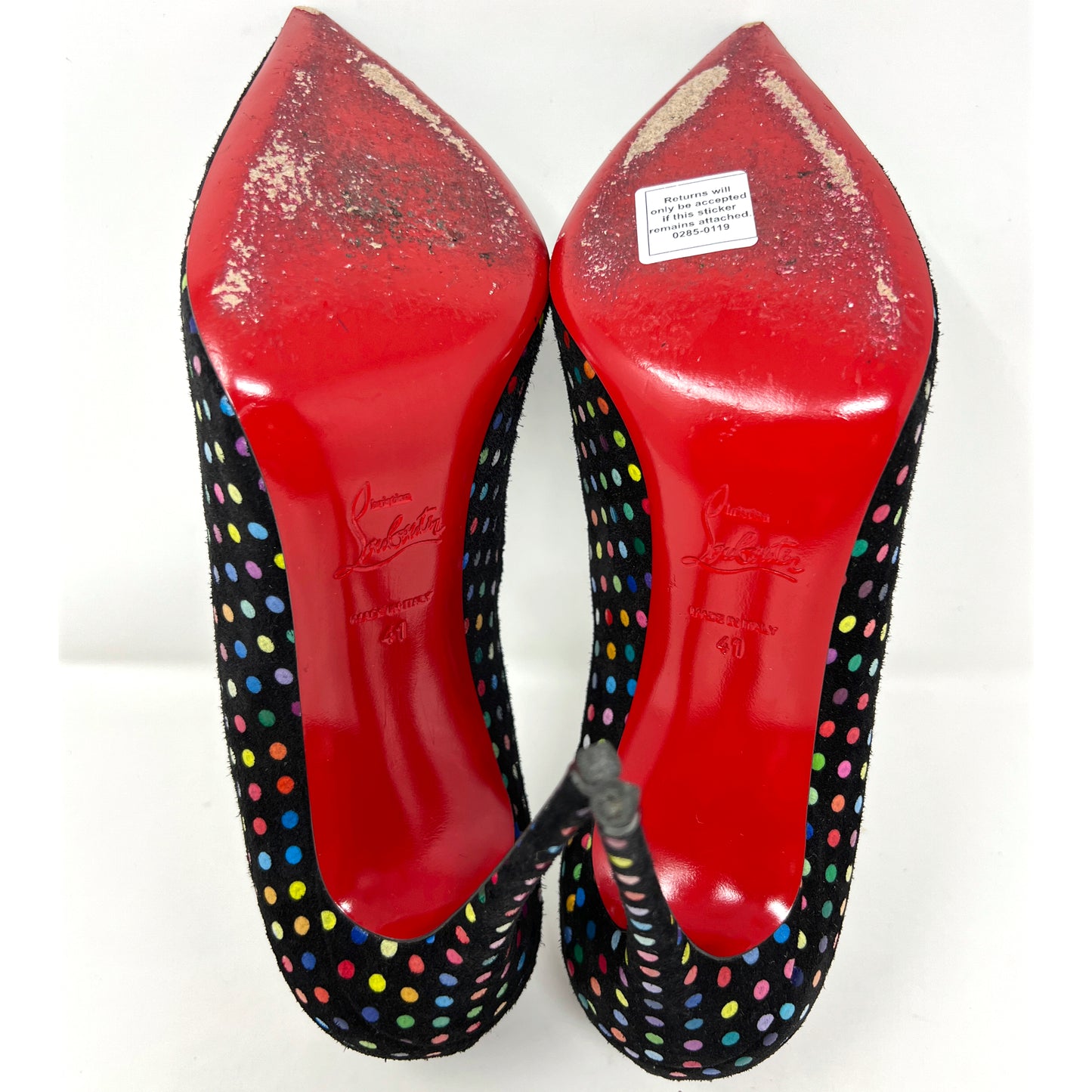 Christian Louboutin Hot Chick 100 Black Suede Multicolor Polkadot Heels Pumps Size EU 41