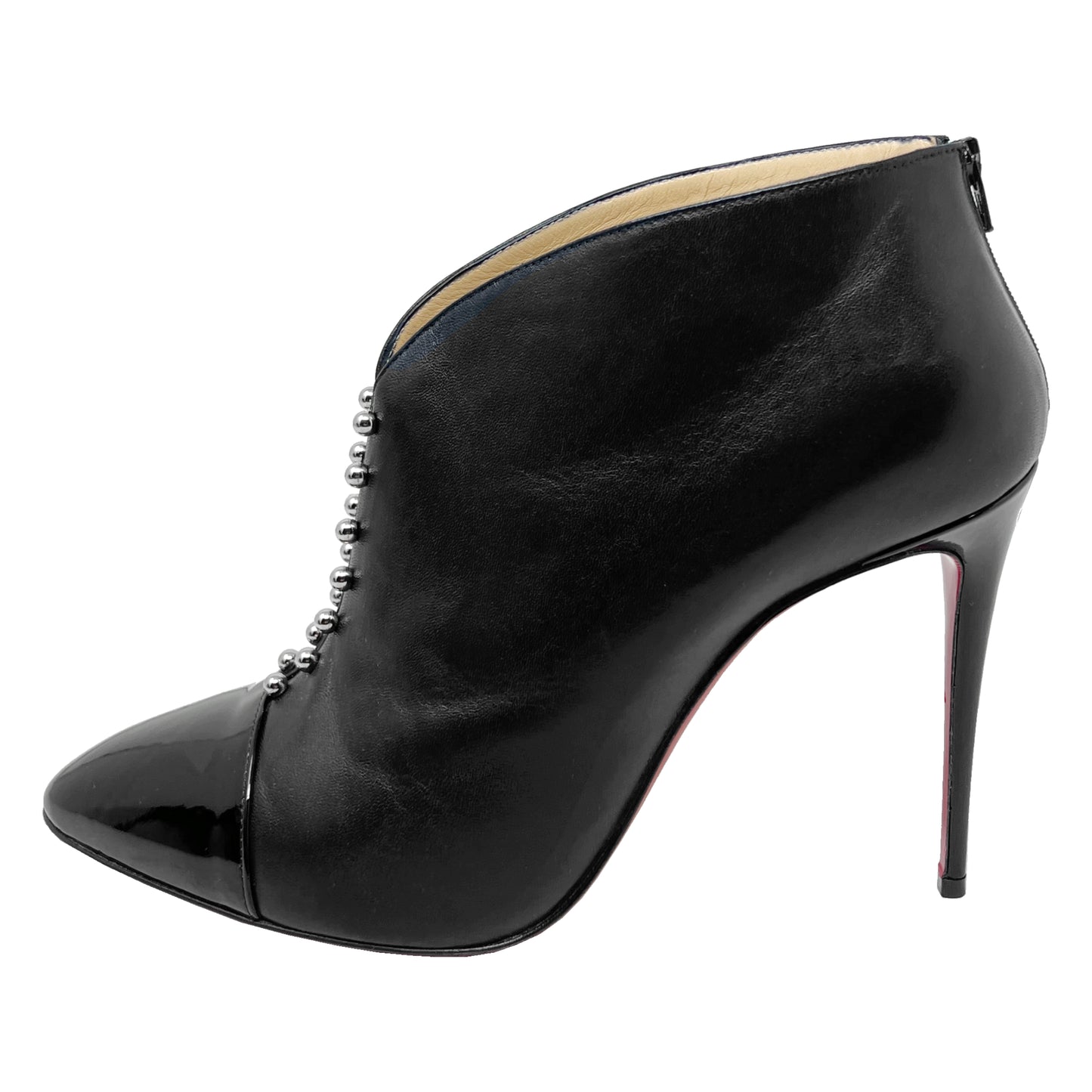 Christian Louboutin Preduboots Black Leather Patent Cap Toe Ankle Boots Heels side view