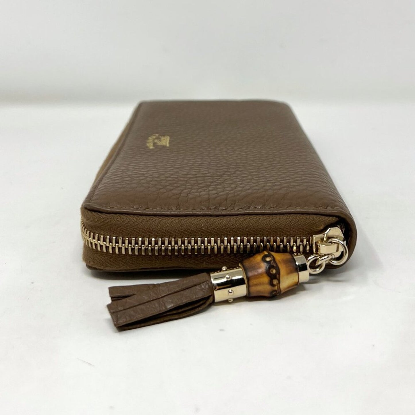 Gucci Bamboo Tassel Zip Continental Wallet Brown Textured Leather Italy