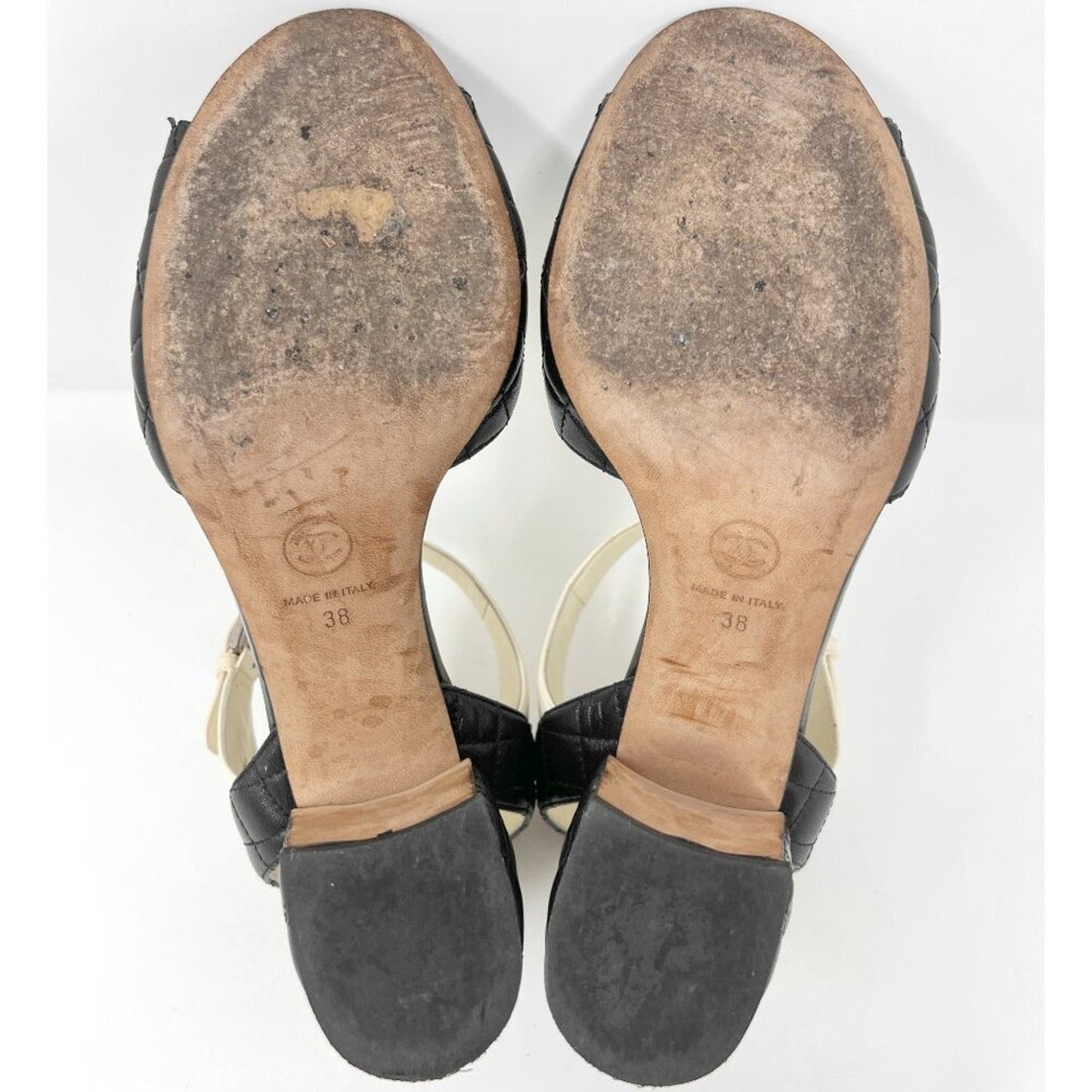 Chanel Black White Quilted Matelasse Leather Peep Toe Block Logo Heel Sandals