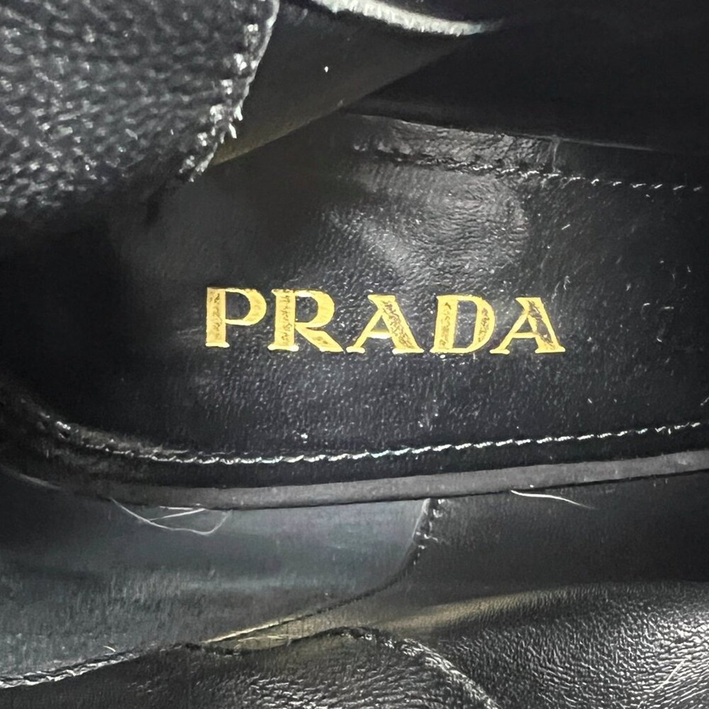 Prada Black Suede Block Heel Metal Logo Round Toe Zip Up Ankle Boots