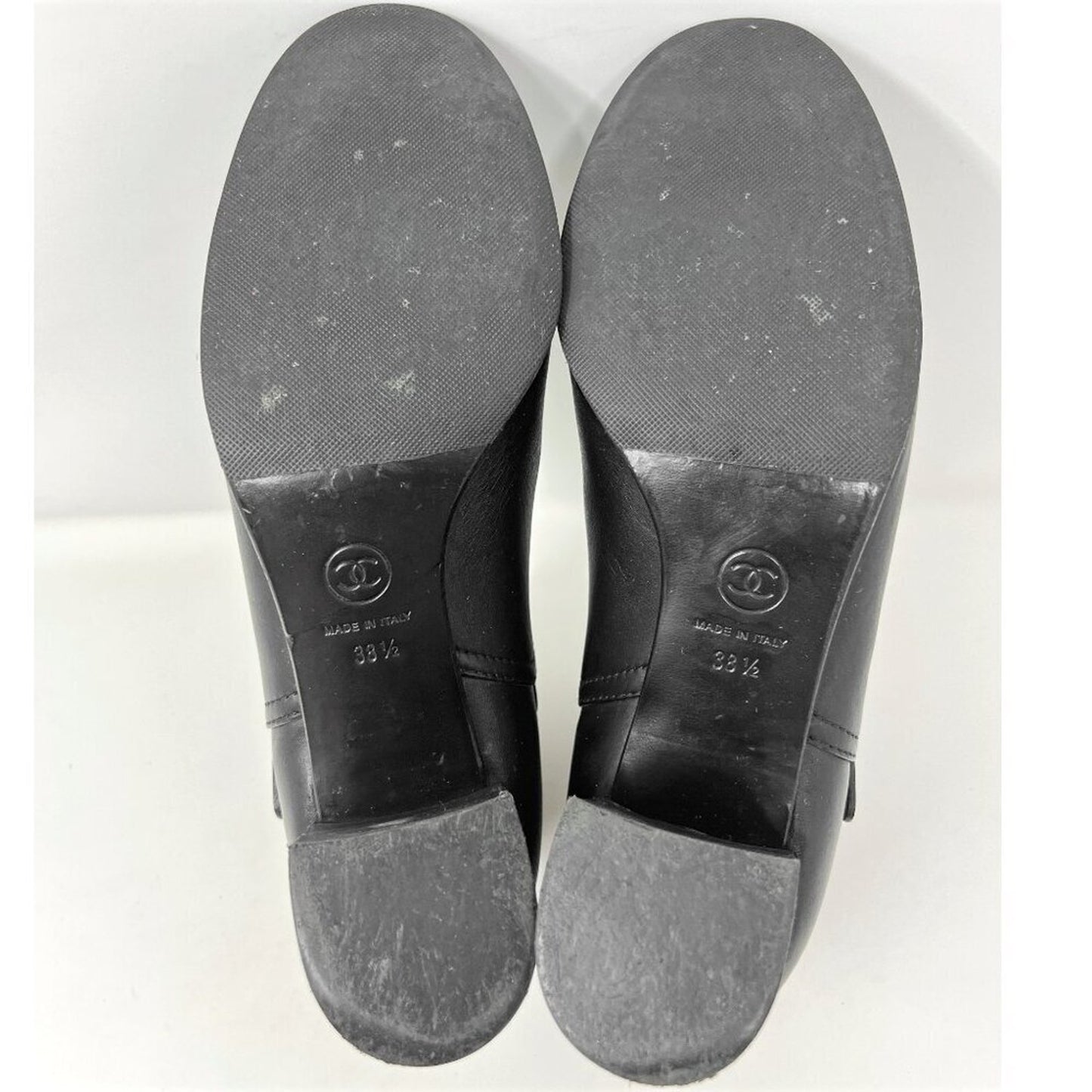 Chanel Black Leather Cap Toe Silver Buckle Strap Logo Ankle Block Heel Boots