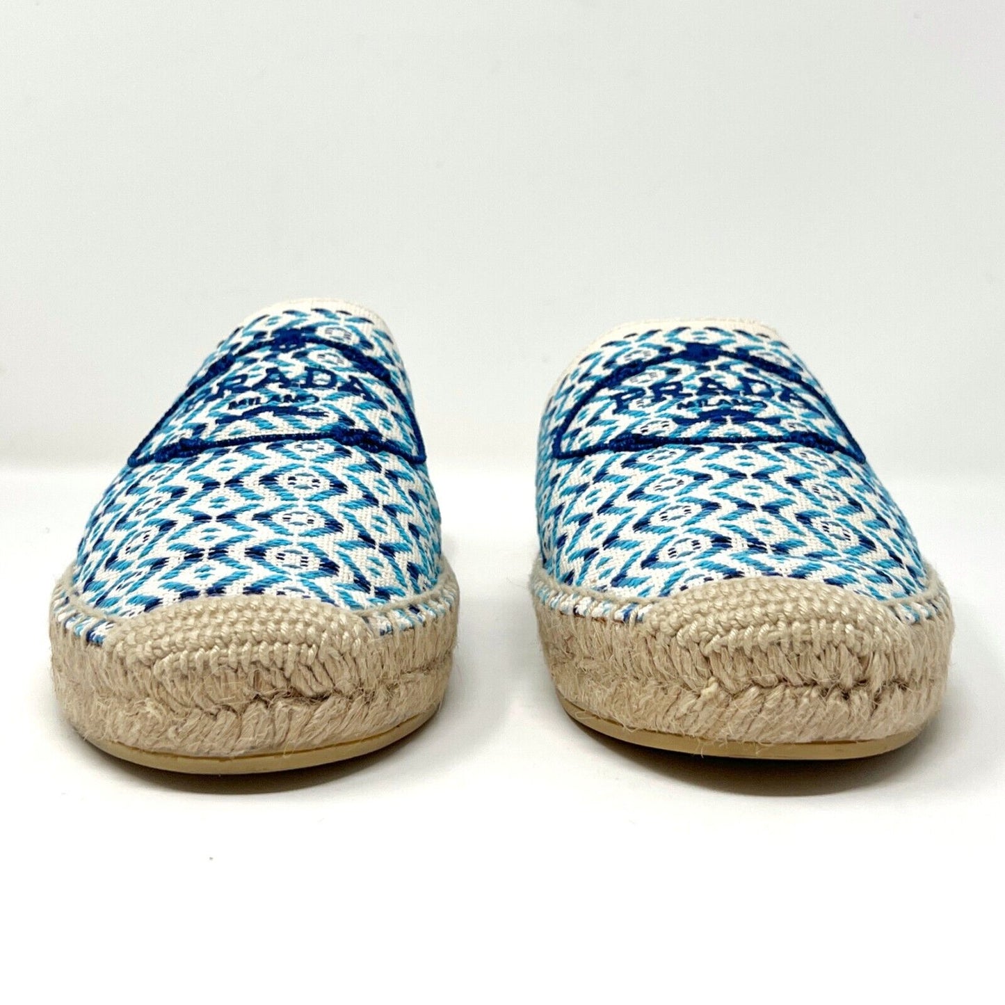 Prada Nastro Jacquard Blue White Embroidered Logo Espadrilles Flats Slippers