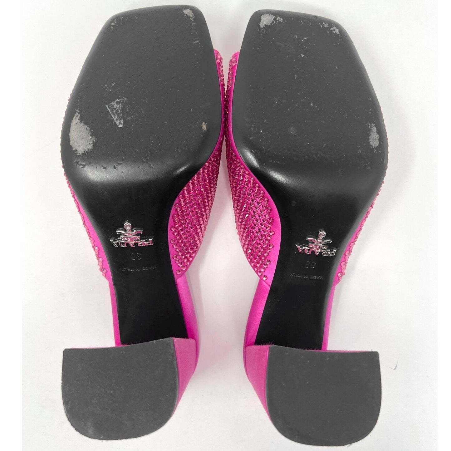 Prada Hot Pink Satin Begonia Crystal Studded Logo Block Heel Sandals Mules