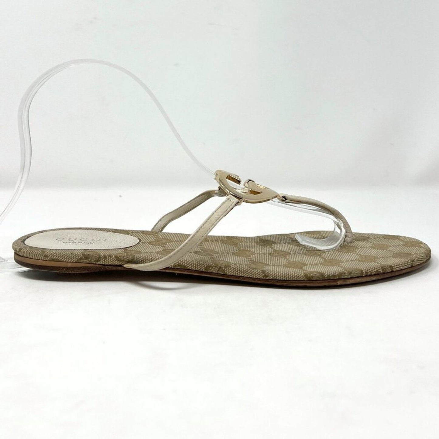 Gucci Monogram Heart Logo Thong Sandals Beige Gold Size EU 38.5