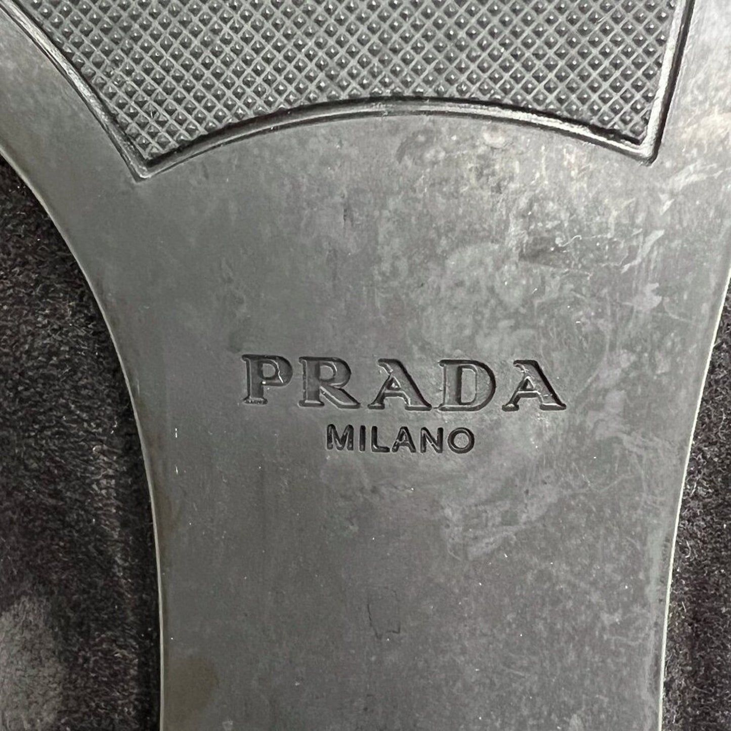 Prada Black Suede Block Heel Metal Logo Round Toe Zip Up Ankle Boots