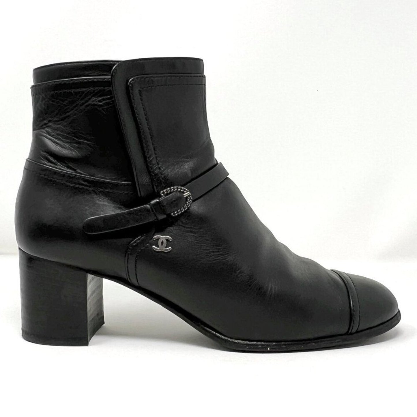 Chanel Black Leather Cap Toe Silver Buckle Strap Logo Ankle Block Heel Boots