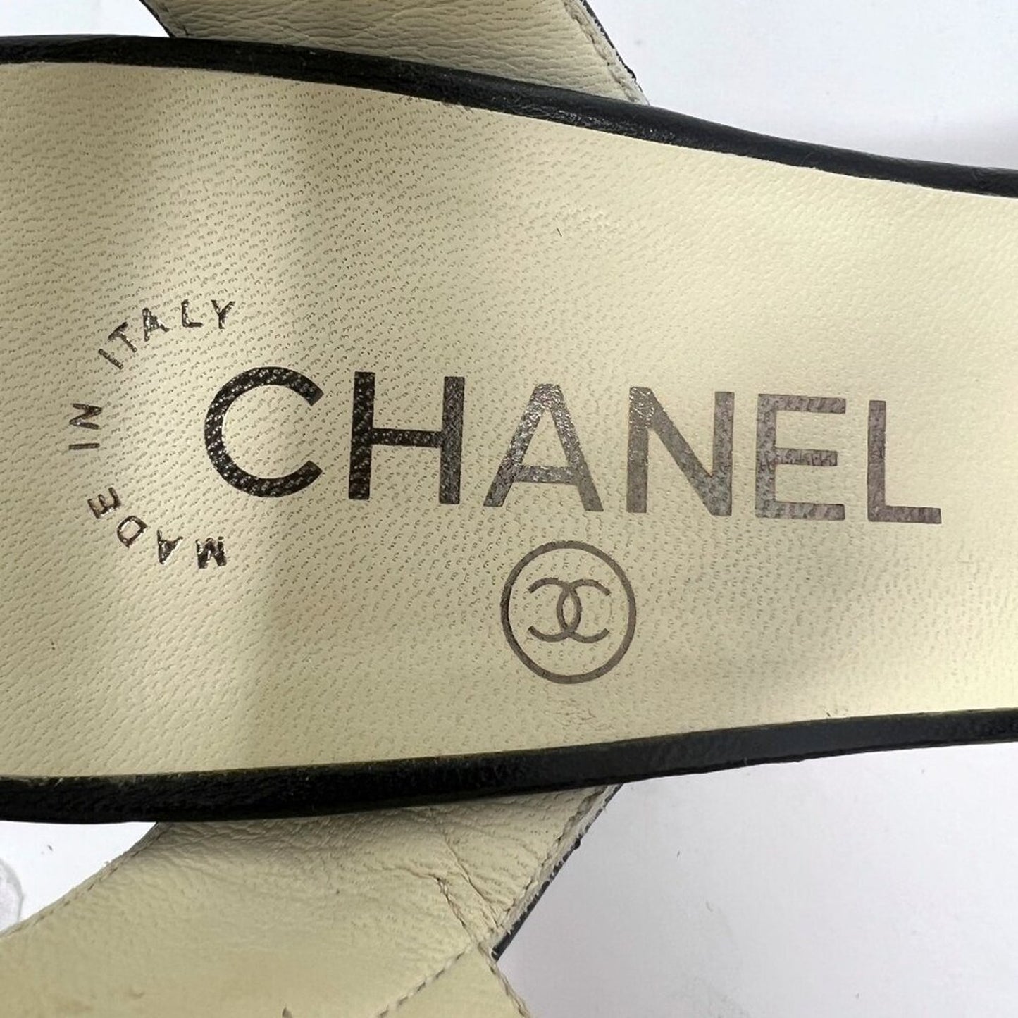 Chanel Black White Quilted Matelasse Leather Peep Toe Block Logo Heel Sandals