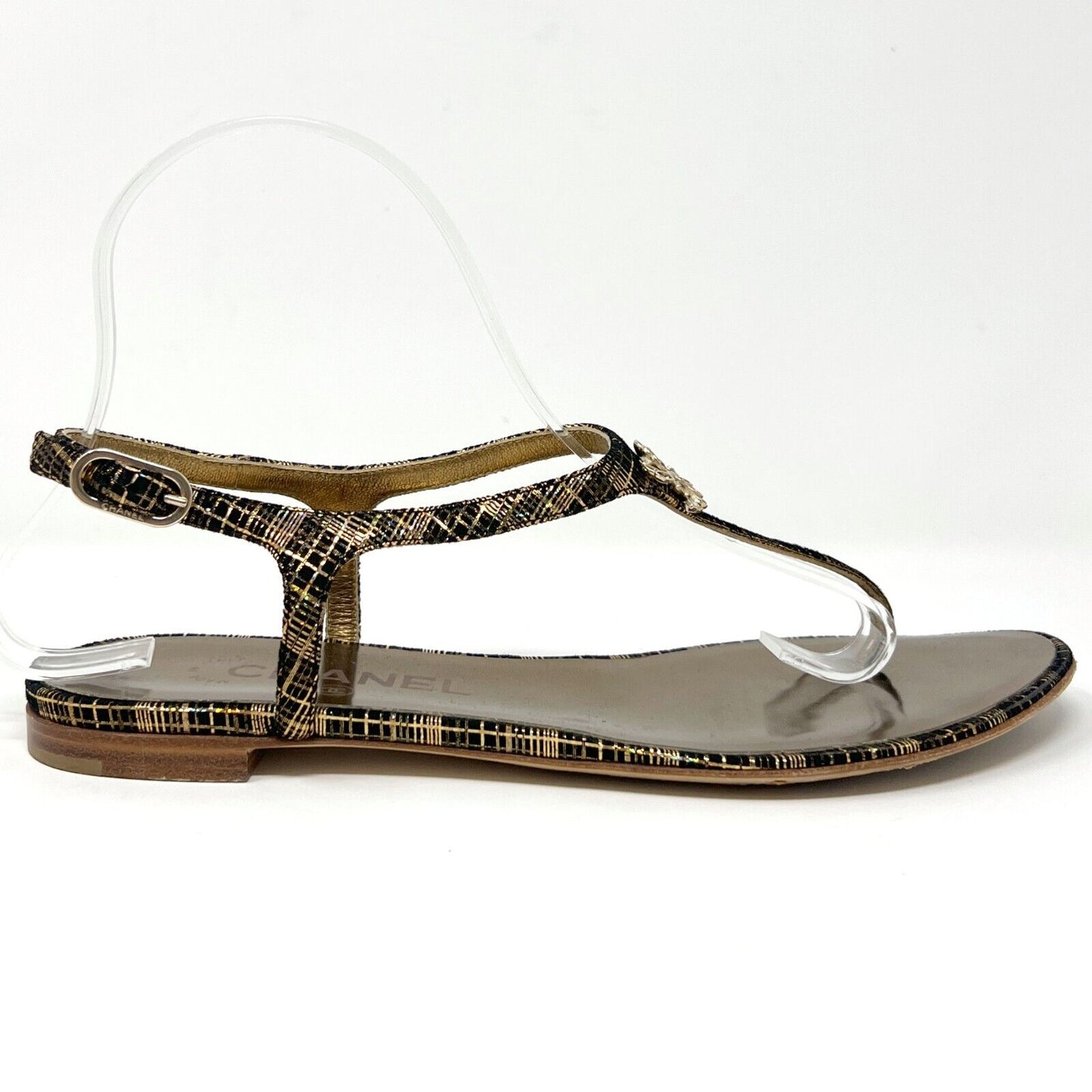 Chanel 2016 Cruise Crystal Metallic Logo Black Gold Plaid Flats Thong Sandals