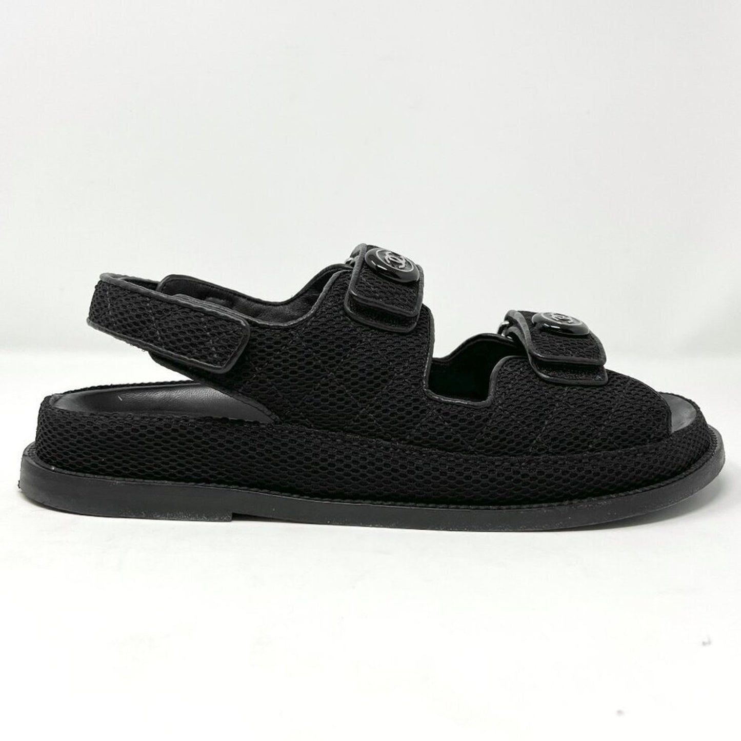 Chanel Black Quilted Textured Fabric Logo Flat Double Strap Dad Sandals