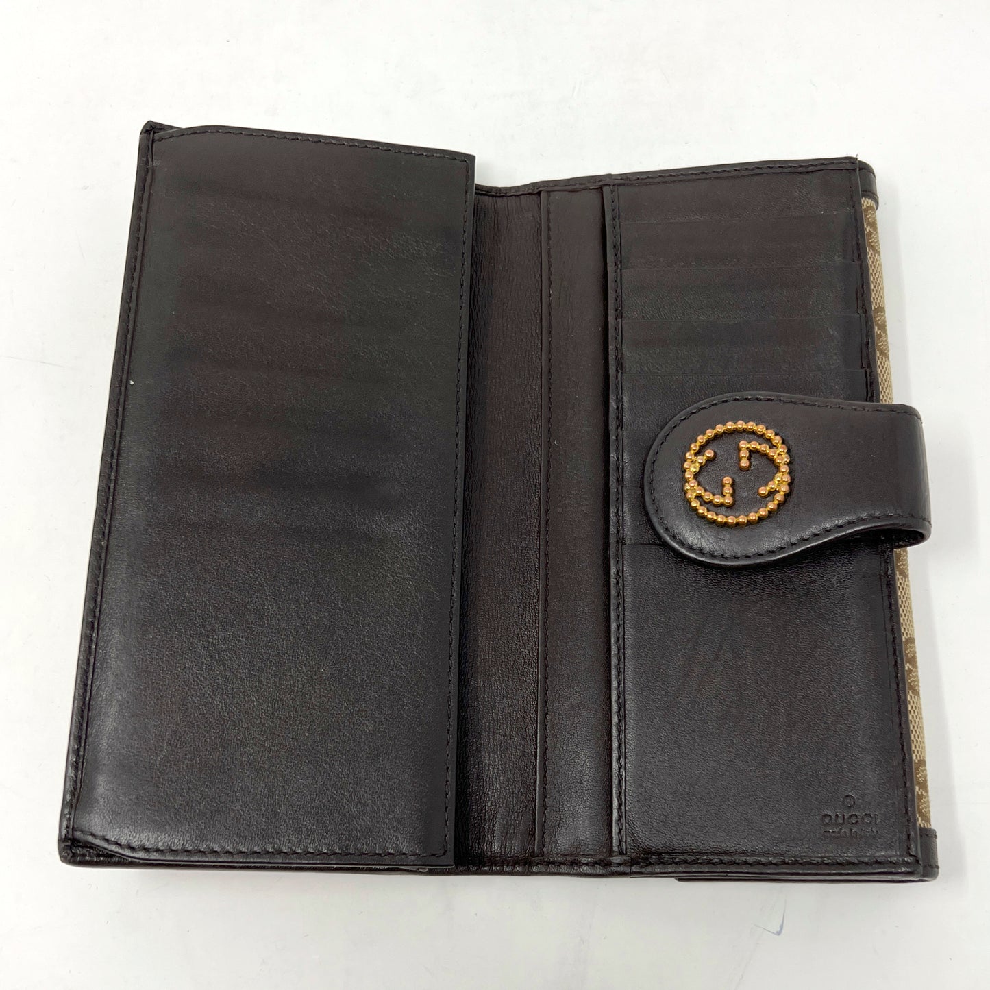 Gucci Scarlett Brown Monogram Canvas Logo Leather Trim Wallet