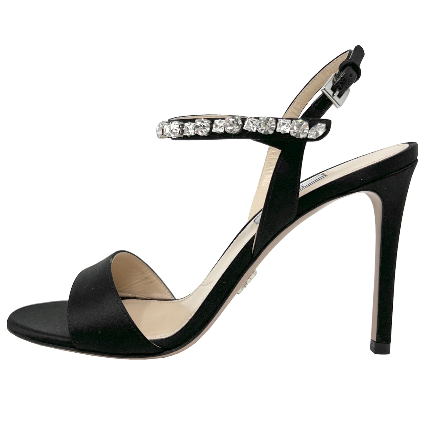 Prada Black Satin Crystal Embellished Strap Slingback High Heel Sandals