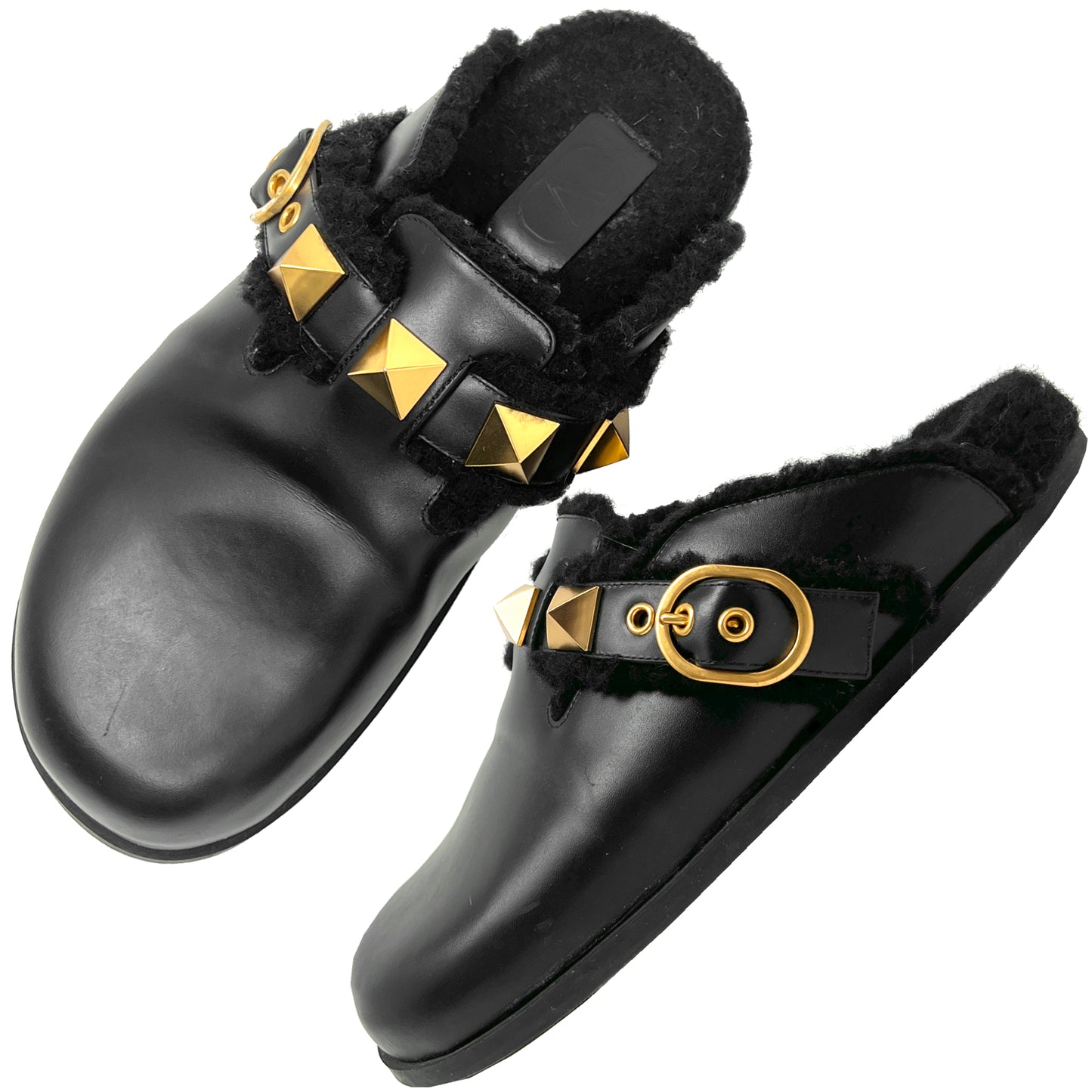Valentino Garavani Roman Stud Shearling Lined Sabots Slippers Slip On Mules