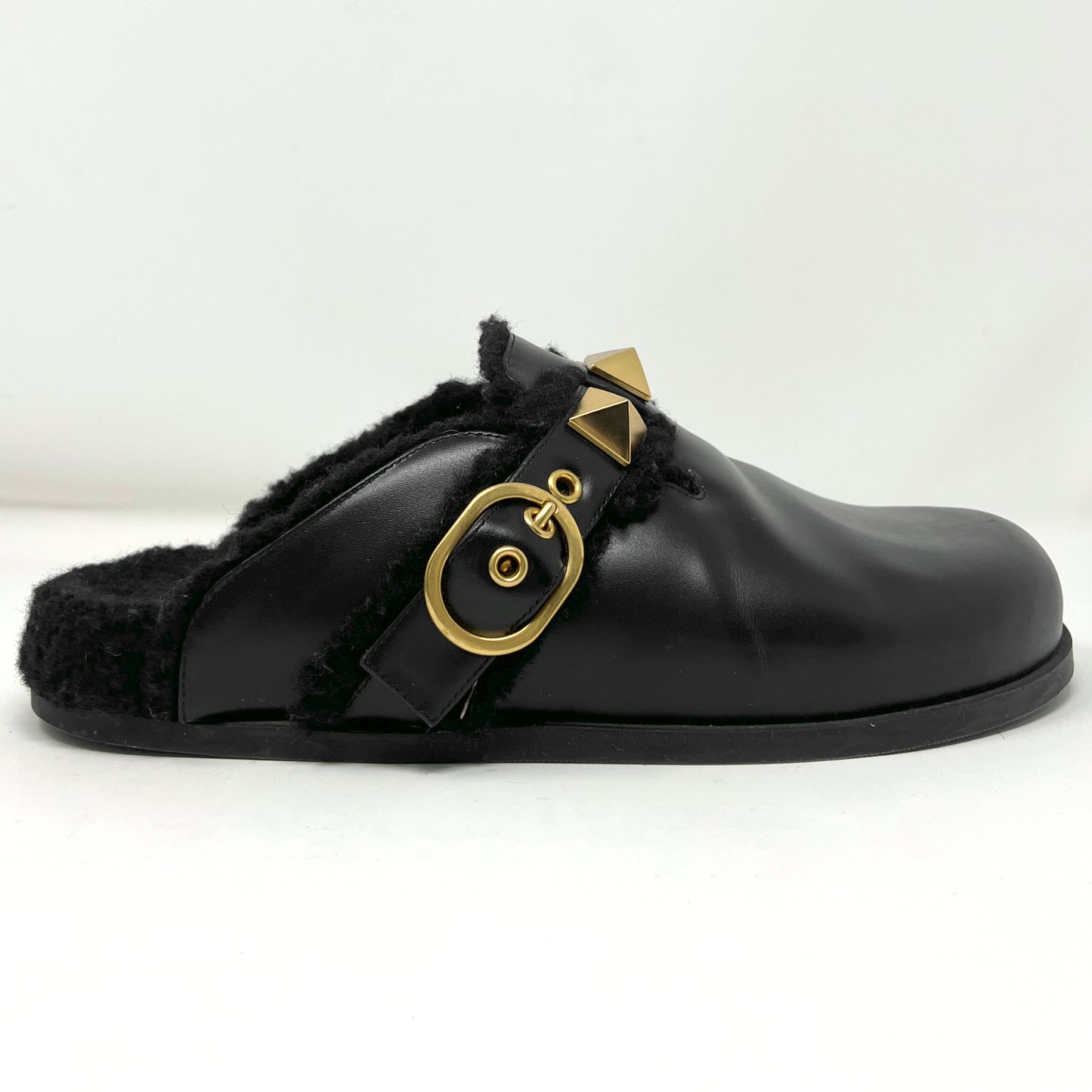 Valentino Garavani Roman Stud Shearling Lined Sabots Slippers Slip On Mules Size EU 37.5