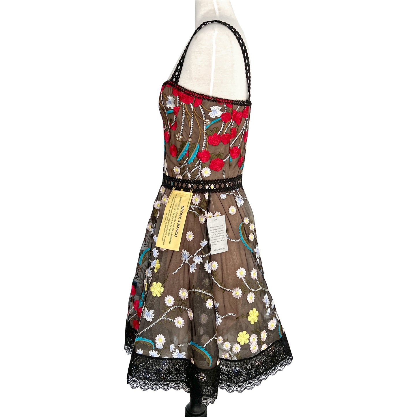 Bronx and Banco Ivana Flower Embroidered Tulle Flare Skirt Lace Trim Mini Dress Size US 8