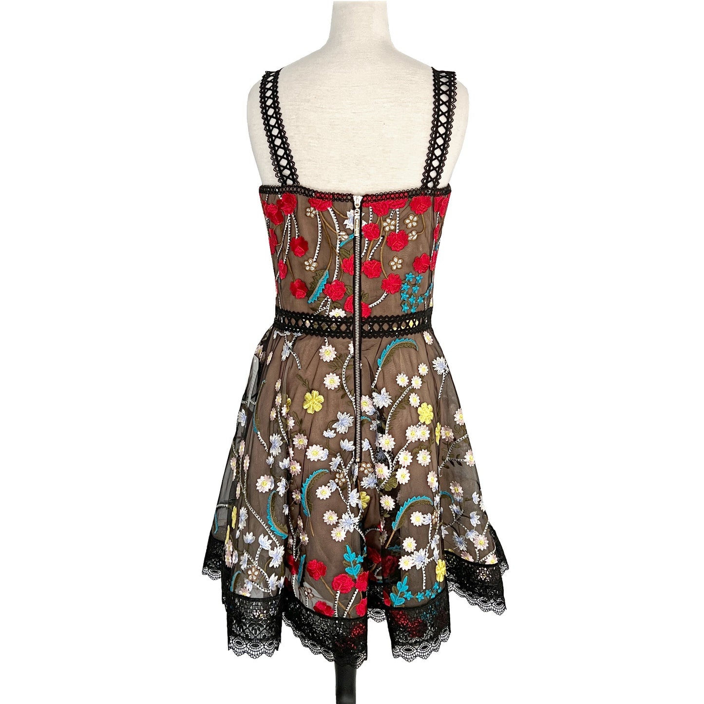 Bronx and Banco Ivana Flower Embroidered Tulle Flare Skirt Lace Trim Mini Dress Size US 8