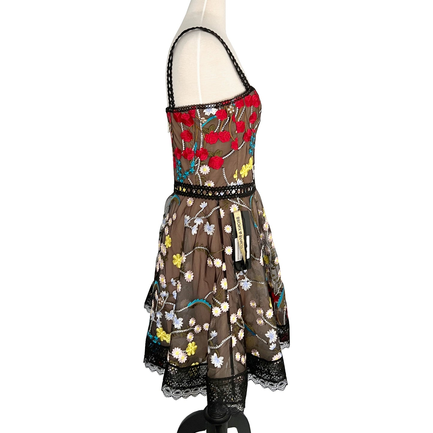 Bronx and Banco Ivana Flower Embroidered Tulle Flare Skirt Lace Trim Mini Dress Size US 8