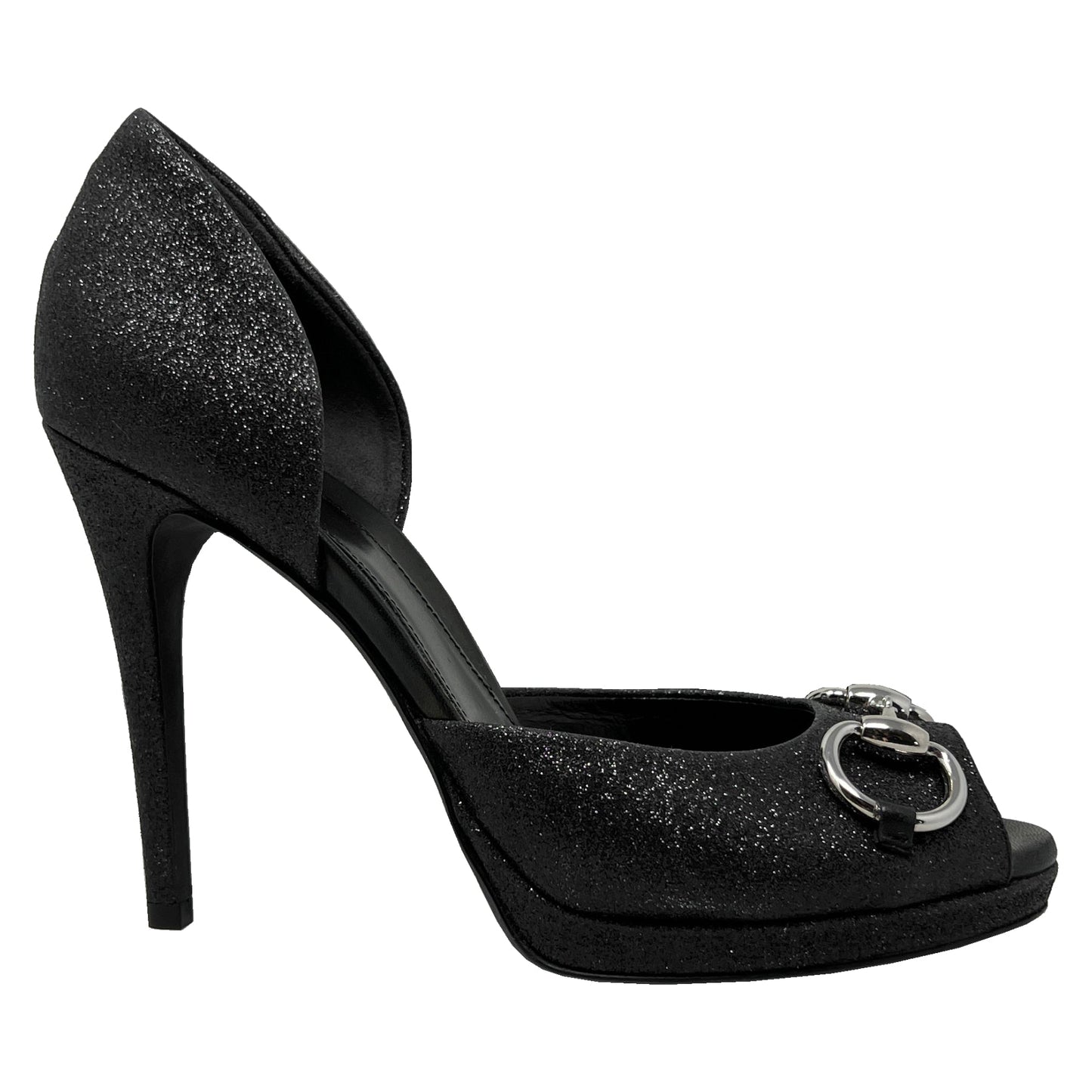 Gucci Stardust Charlotte Black Glitter Horsebit D'Orsay Peep Toe Platform Pumps