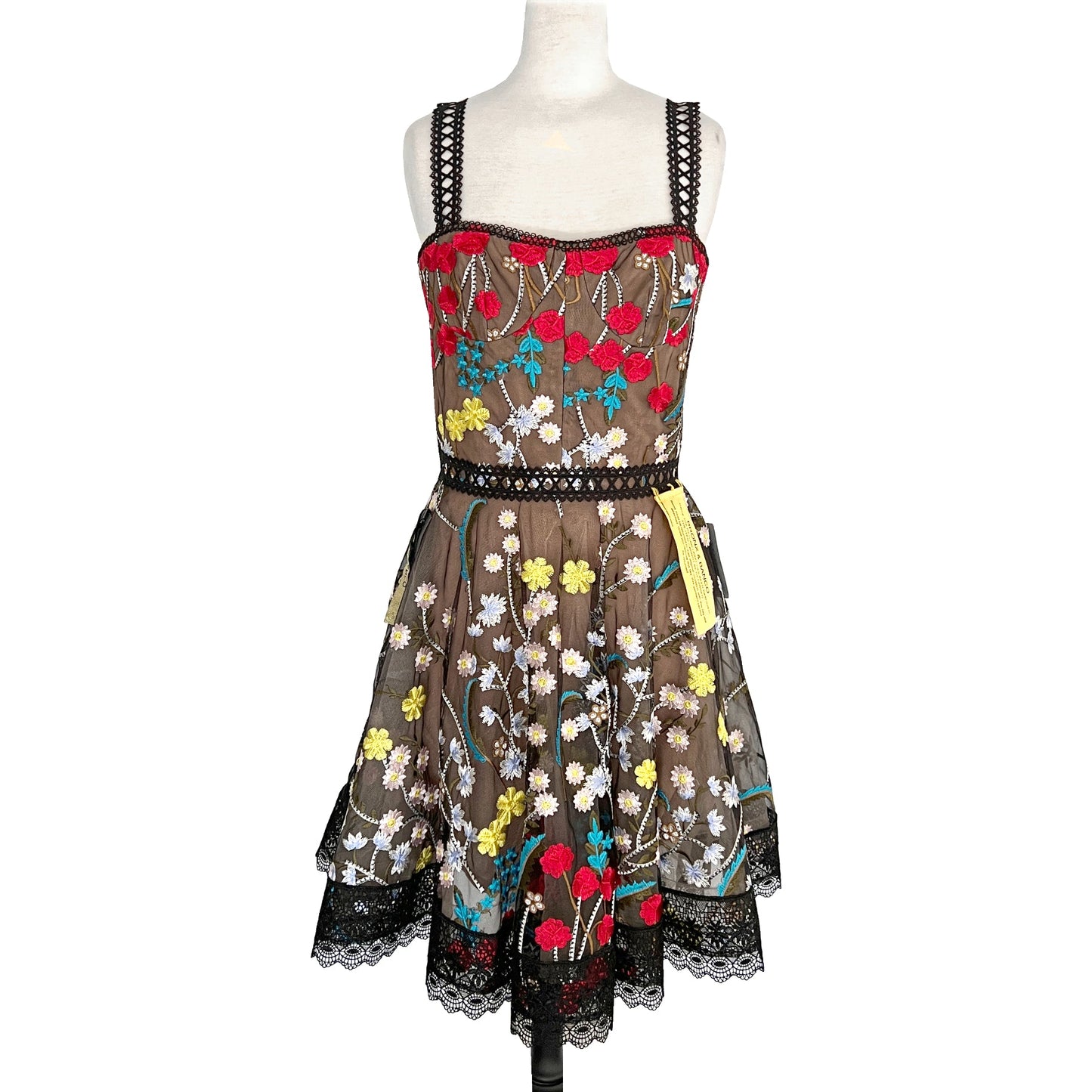 Bronx and Banco Ivana Flower Embroidered Tulle Flare Skirt Lace Trim Mini Dress