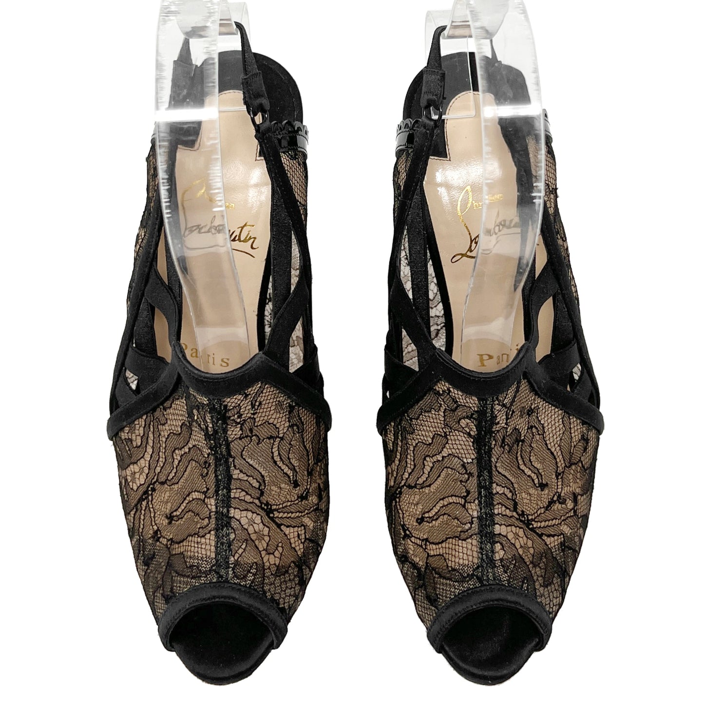 Christian Louboutin Guiptik 100 Satin Lace Chantilly Peep Toe SlingBack Heels Size EU 36.5
