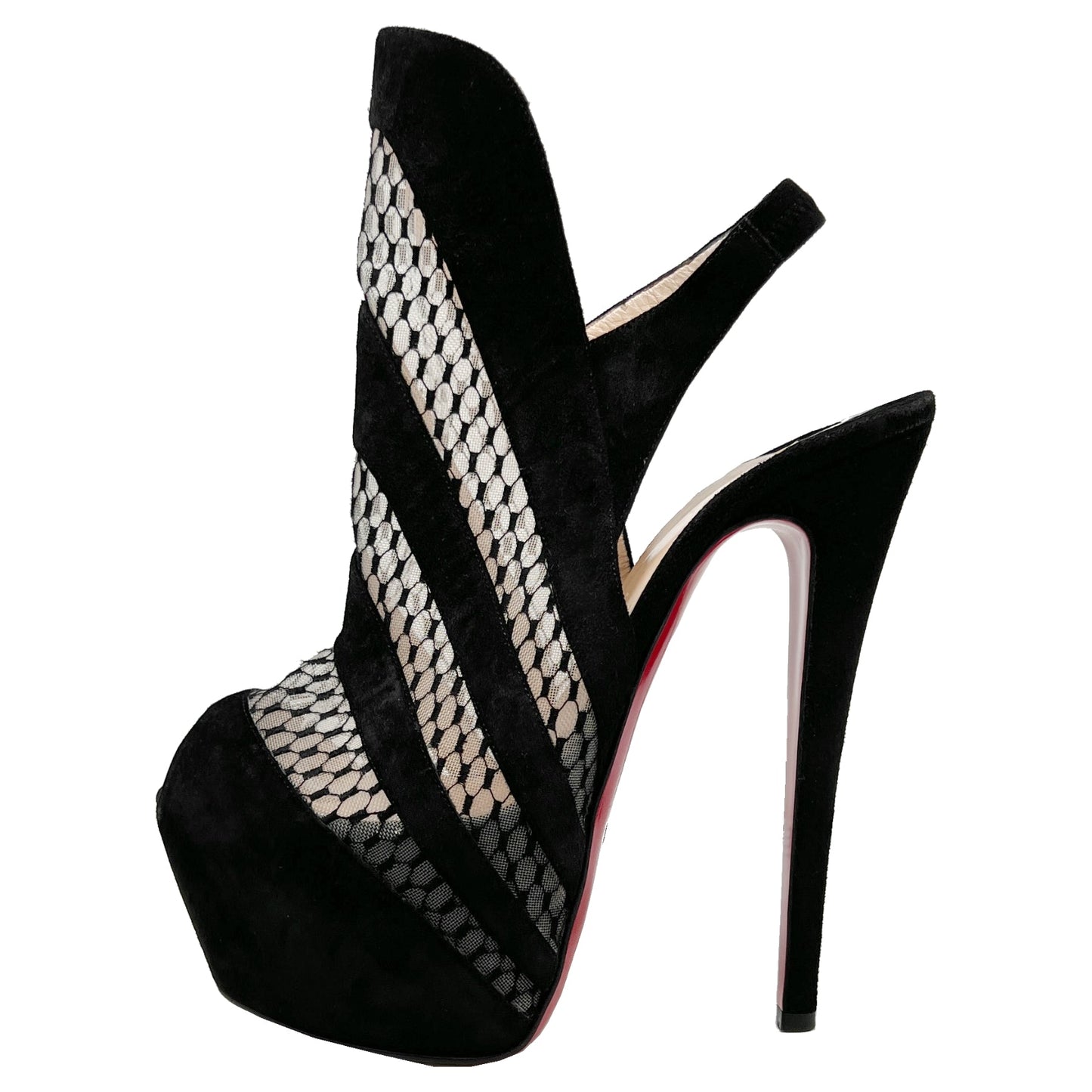 Christian Louboutin Guizi 160 Suede Mesh Netting Peep Toe Platform Heels Booties