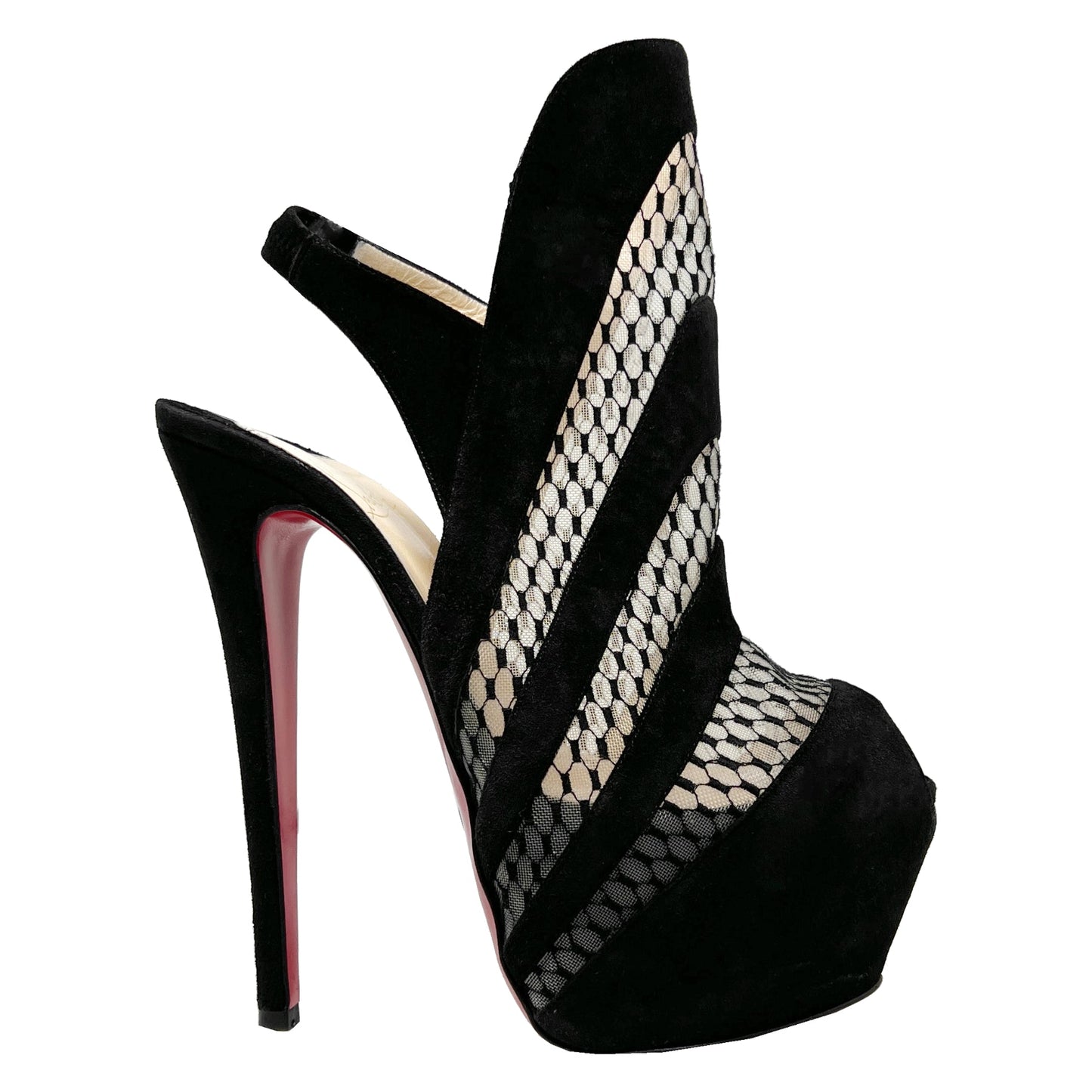 Christian Louboutin Guizi 160 Suede Mesh Netting Peep Toe Platform Heels Booties