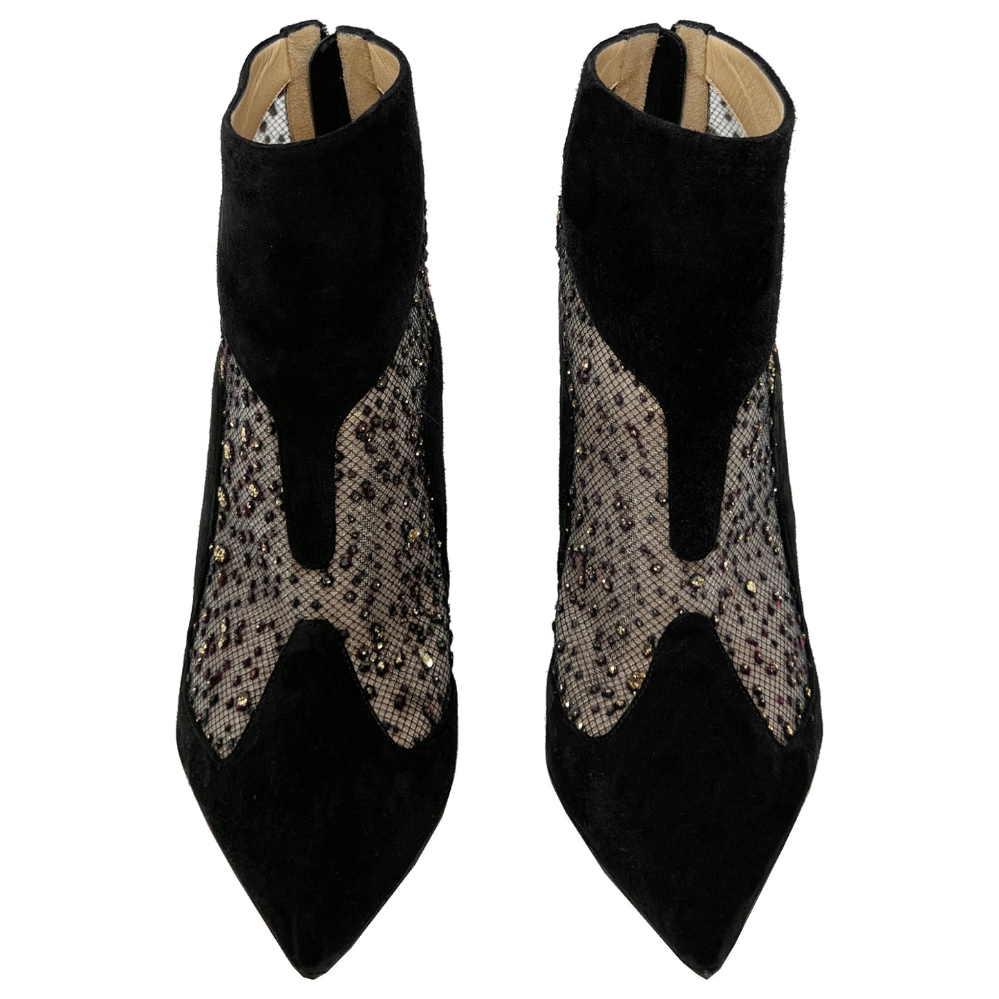 Christian Louboutin Papilloboot Black Suede Mesh Glitter Pointed Toe Ankle Boots Size EU 36