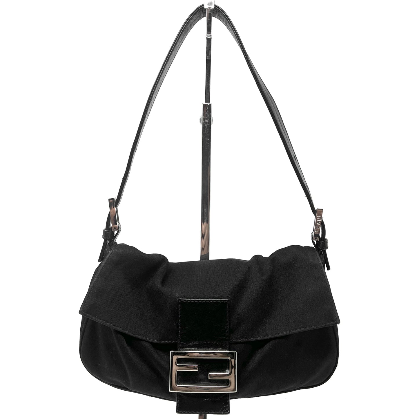 Fendi Black Neoprene Logo Buckle Leather Trim Baguette Flap Shoulder Bag