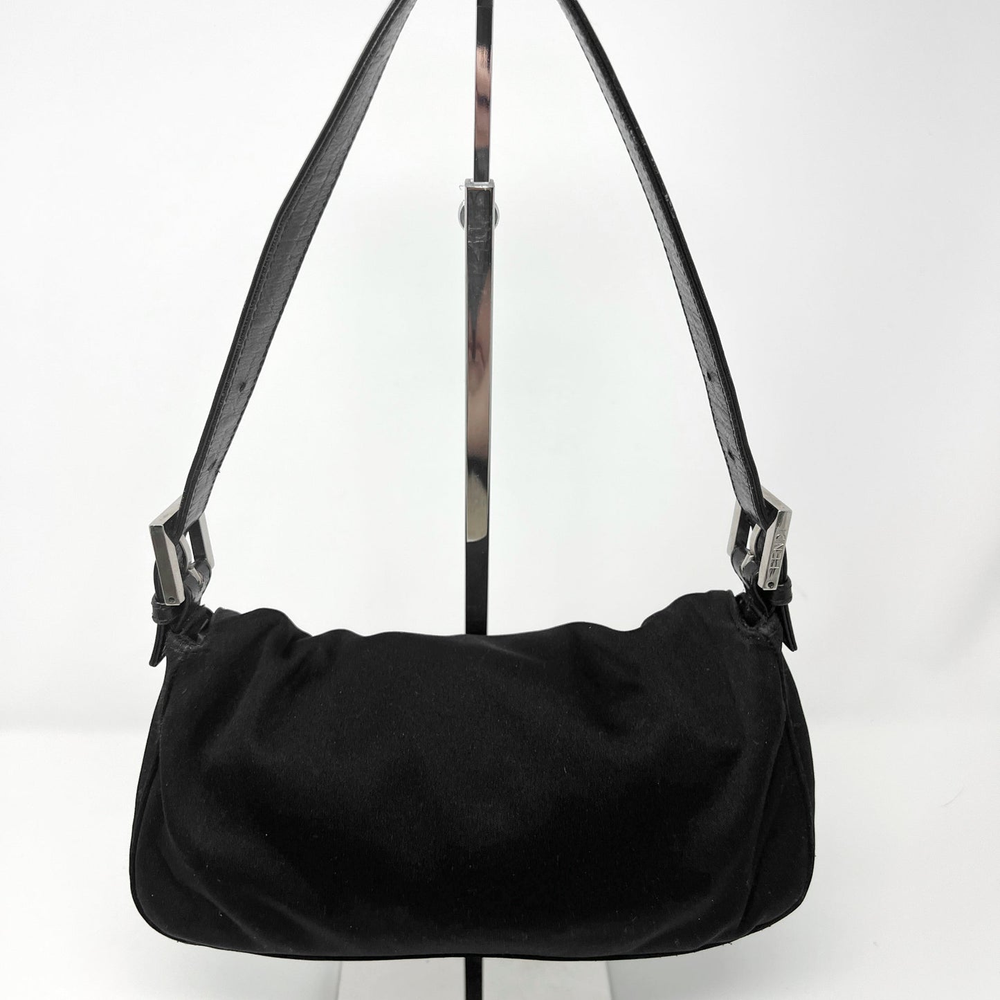 Fendi Black Neoprene Logo Buckle Leather Trim Baguette Flap Shoulder Bag