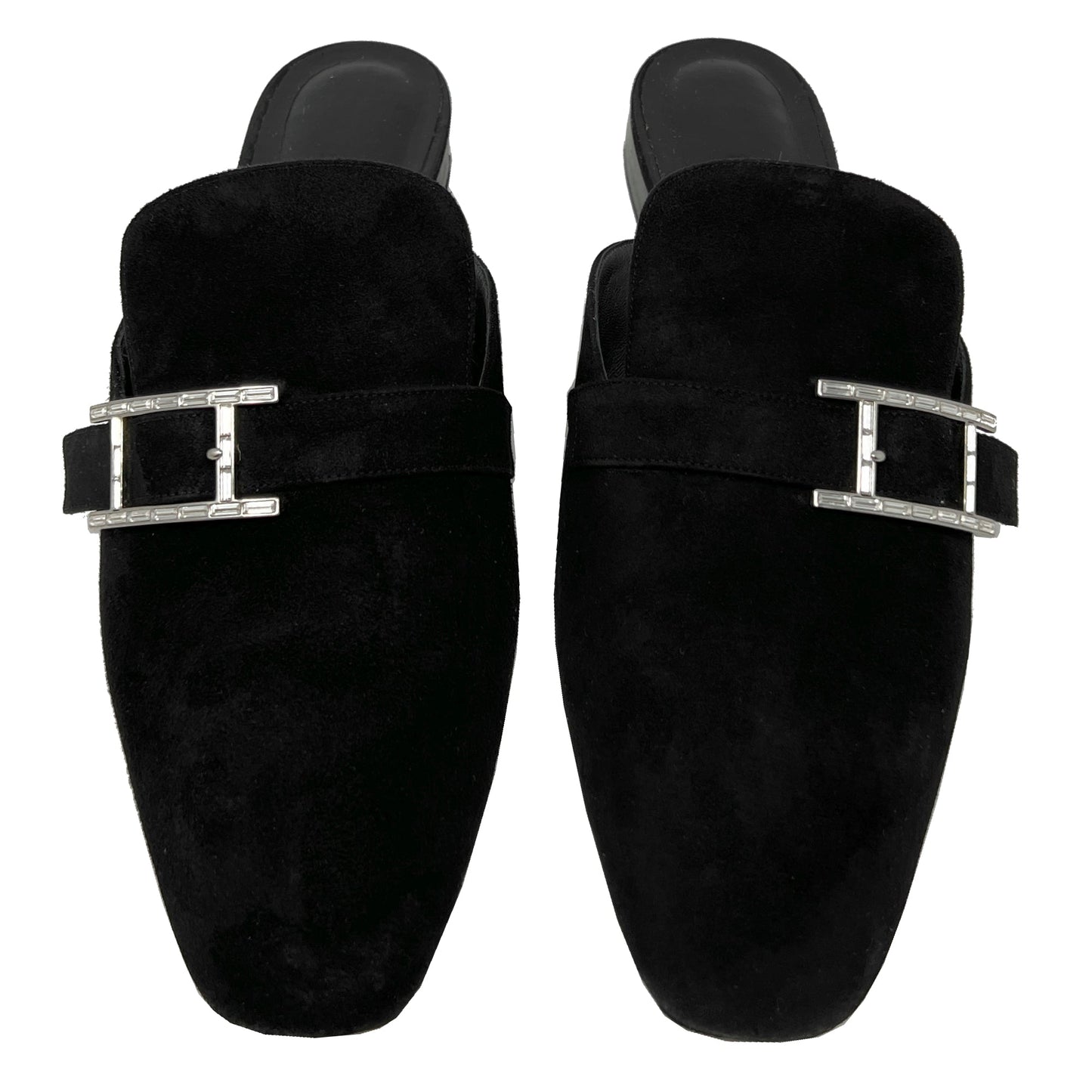 Hermes Black Suede Goat Leather Beauty Crystal "H" Logo Loafer Mules Flats Size EU 37.5