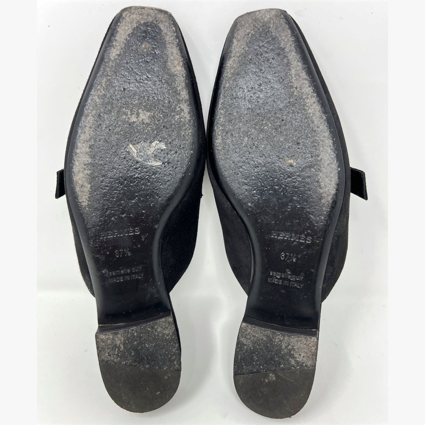 Hermes Black Suede Goat Leather Beauty Crystal "H" Logo Loafer Mules Flats Size EU 37.5