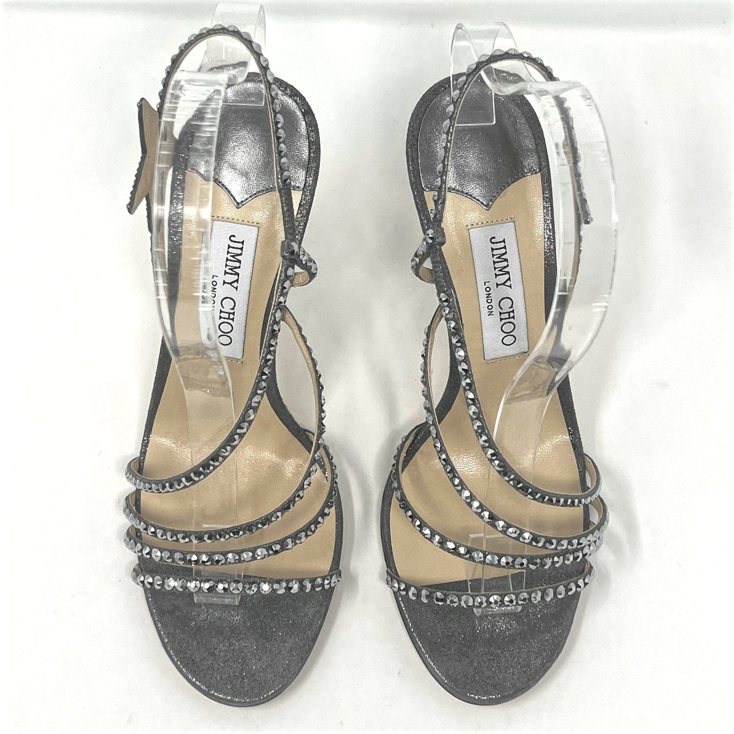 Jimmy Choo Lynn Anthracite Gray Silver Crystal Embellished Star Strap Sandals Size EU 39