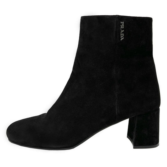 Prada Black Suede Block Heel Metal Logo Round Toe Zip Up Ankle Boots