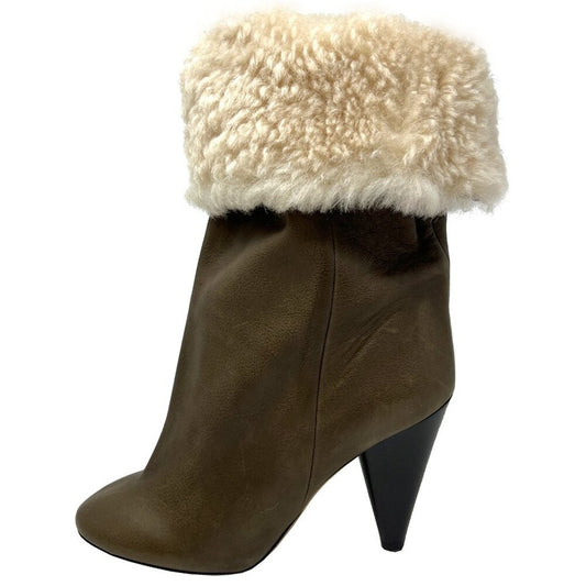 Isabel Marant Green Brown Leather Shearling Lined Lafkee Cone Heel Tall Boots