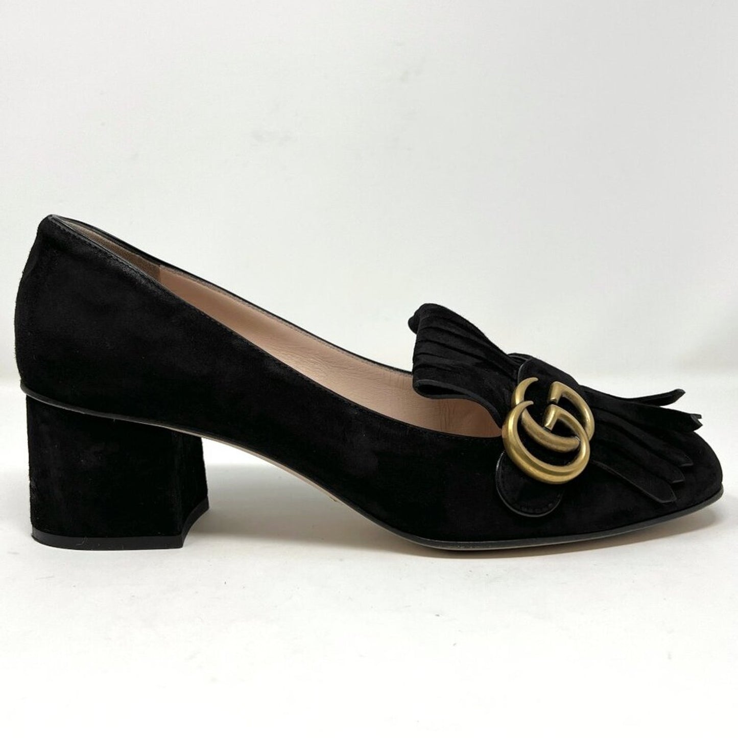 Gucci Black Suede Marmont Fringe Loafers, Gold GG Buckle, Block Heel – Size 40.5