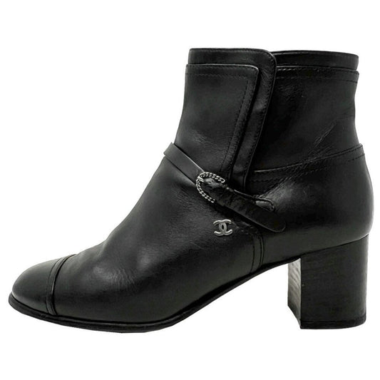 Chanel Black Leather Cap Toe Silver Buckle Strap Logo Ankle Block Heel Boots