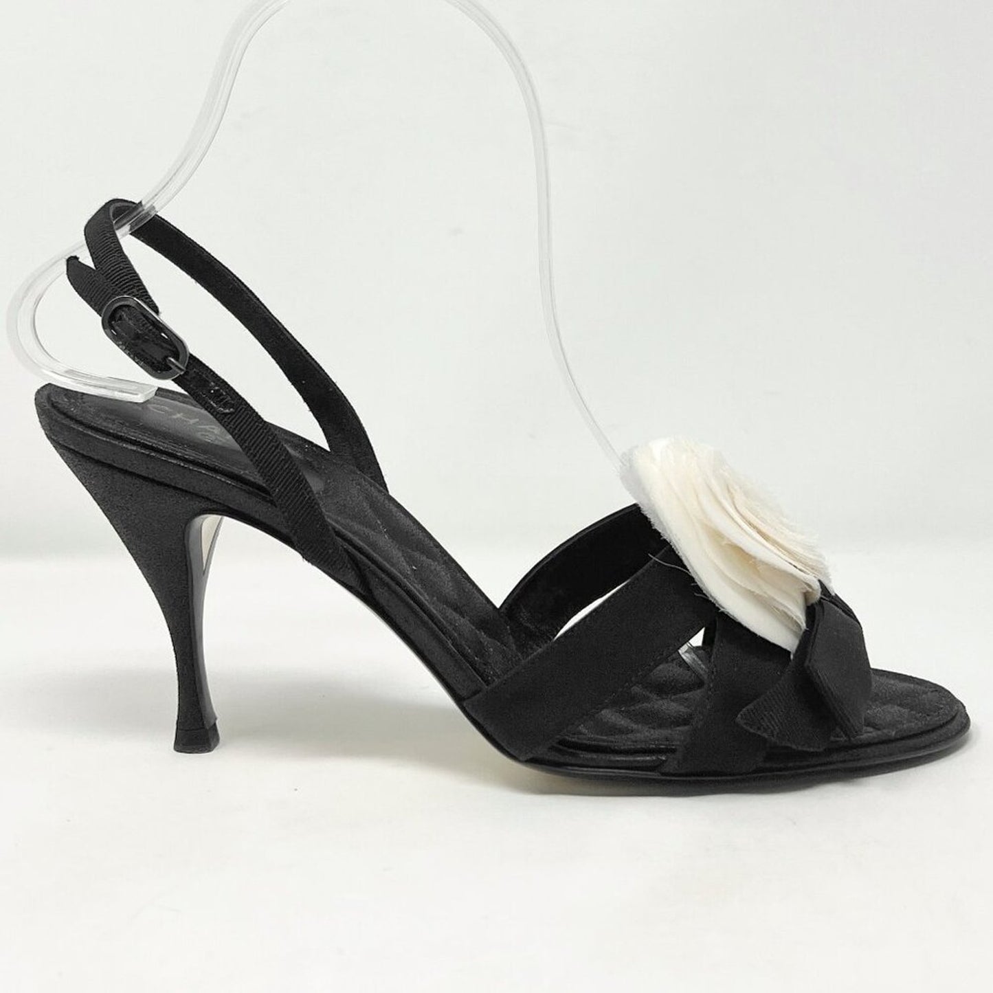 Chanel Camellia Bow Grosgrain Slingback Heels Black/White EU 38 85mm