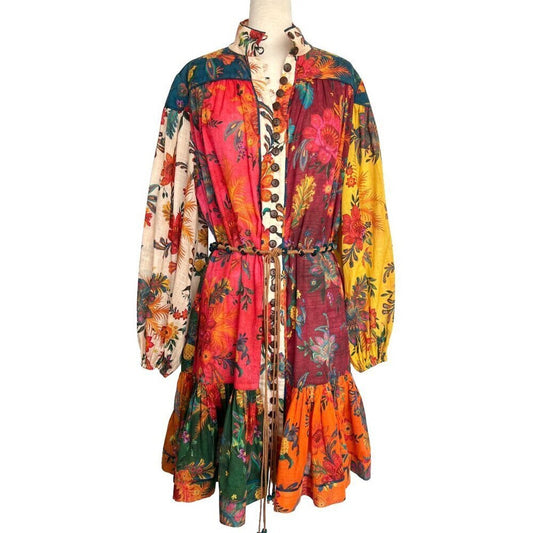 Zimmermann Multicolor Floral Printed Cotton Button Up Patchwork Belt Mini Dress