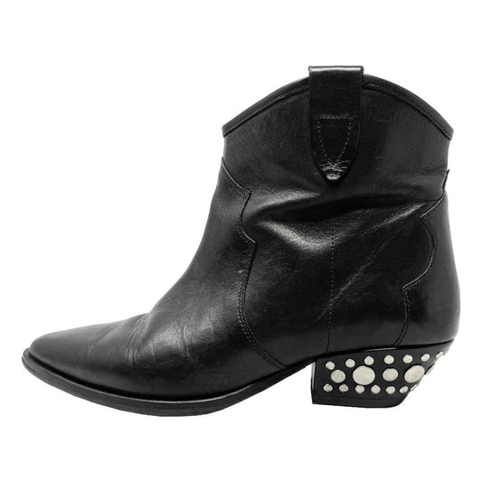 Isabel Marant Dawyna Black Leather Silver Studded Western Pointed Ankle Boots