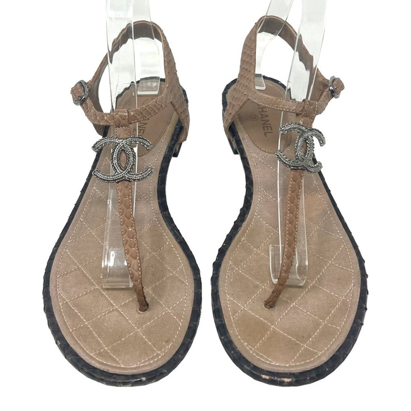 Chanel Python Leather CC Logo T-Strap Sandals Tan/Black EU39.5