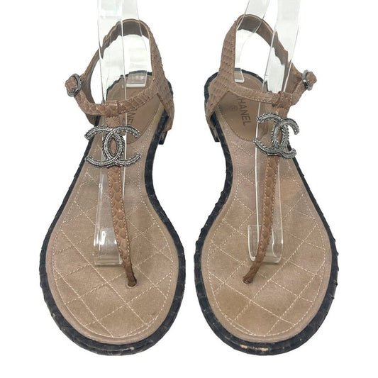 Chanel Python Leather CC Logo T-Strap Sandals Tan/Black EU39.5