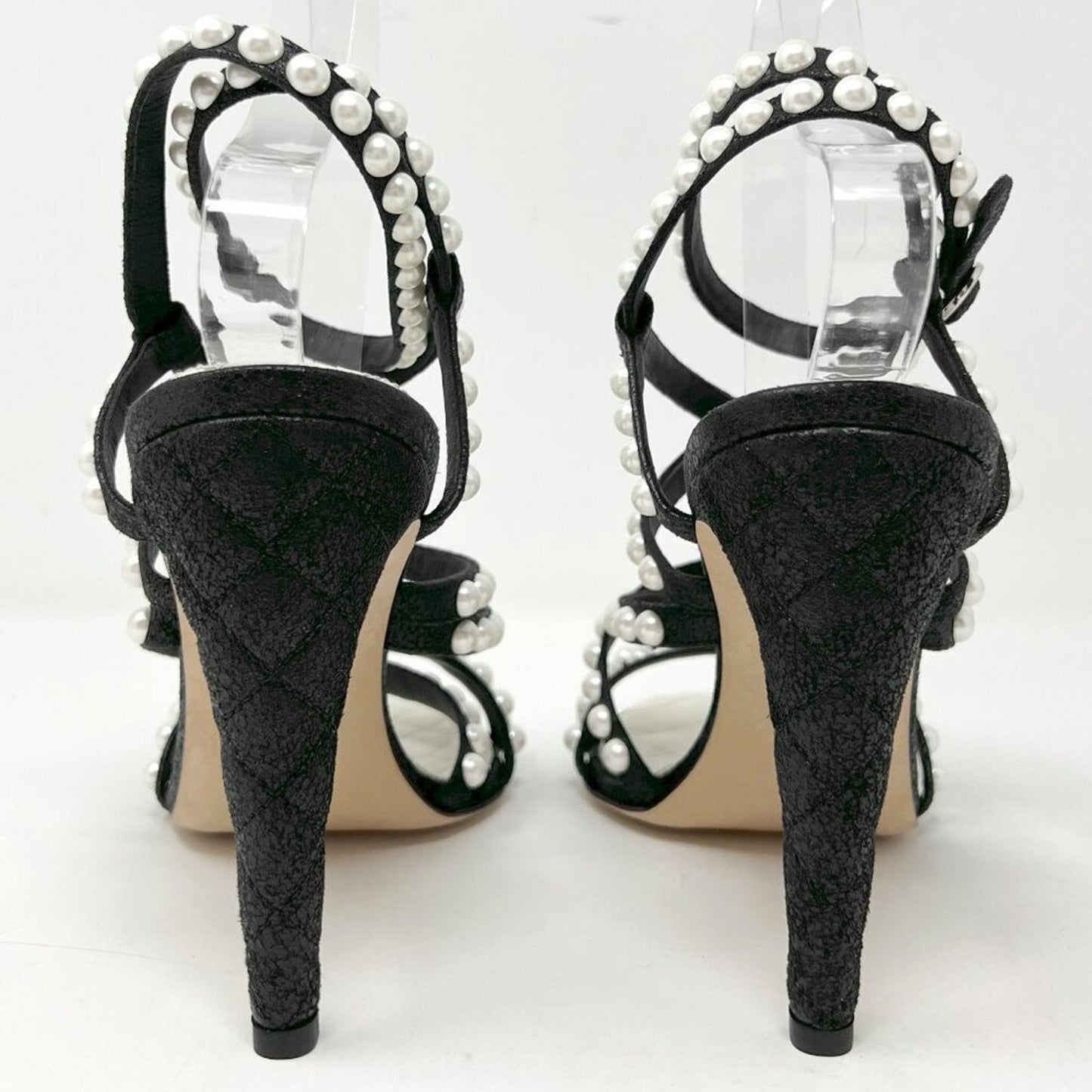 Chanel 18S Pearl Strappy Sandals Black Cracked Lambskin Heels Size 39 EU / 9 US