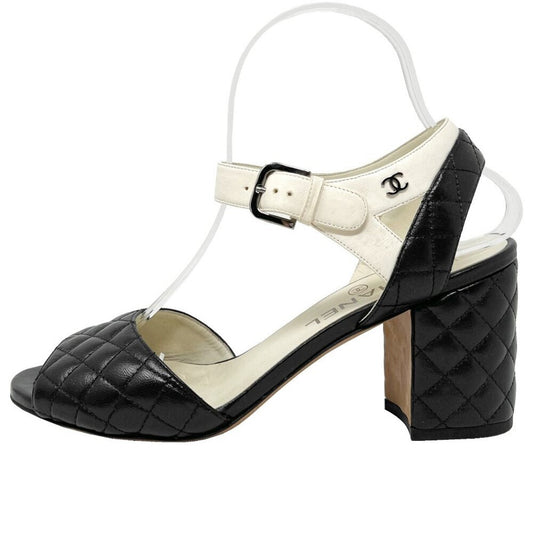 Chanel Black White Quilted Matelasse Leather Peep Toe Block Logo Heel Sandals