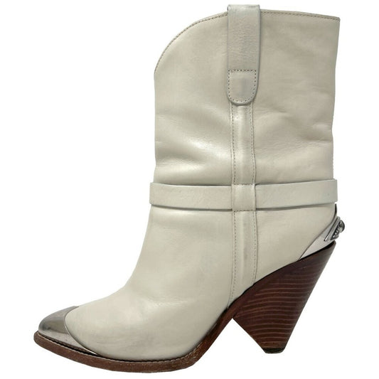 Isabel Marant Lamsy Beige Leather Metal Toe Pointed Western Mid Calf Boots