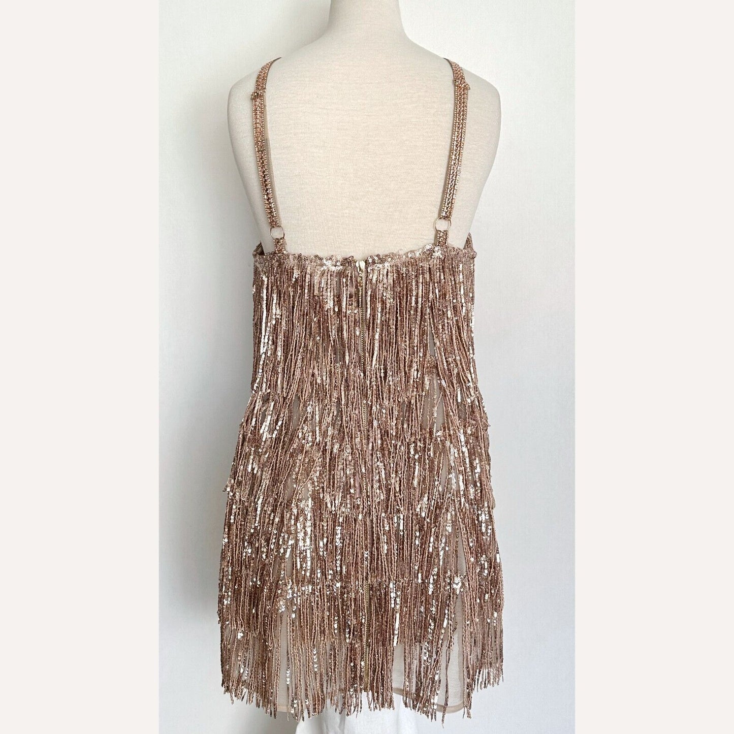 Bronx and Banco Isle Rose Gold Pink Sequin Fringe Metallic Mini Dress