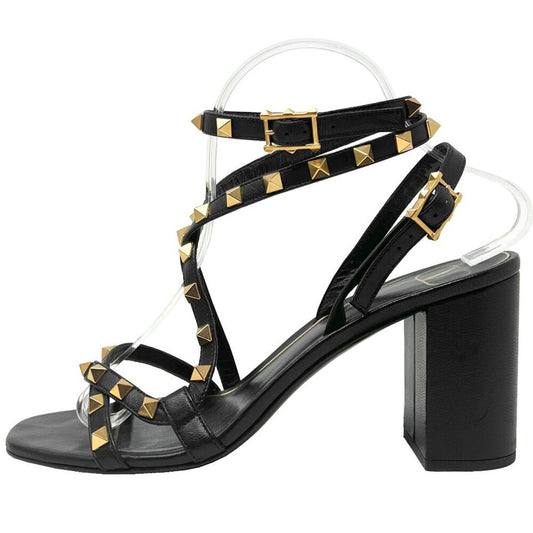 Valentino Rockstud Black Leather Gold Studded Strappy Block Heel Sandals