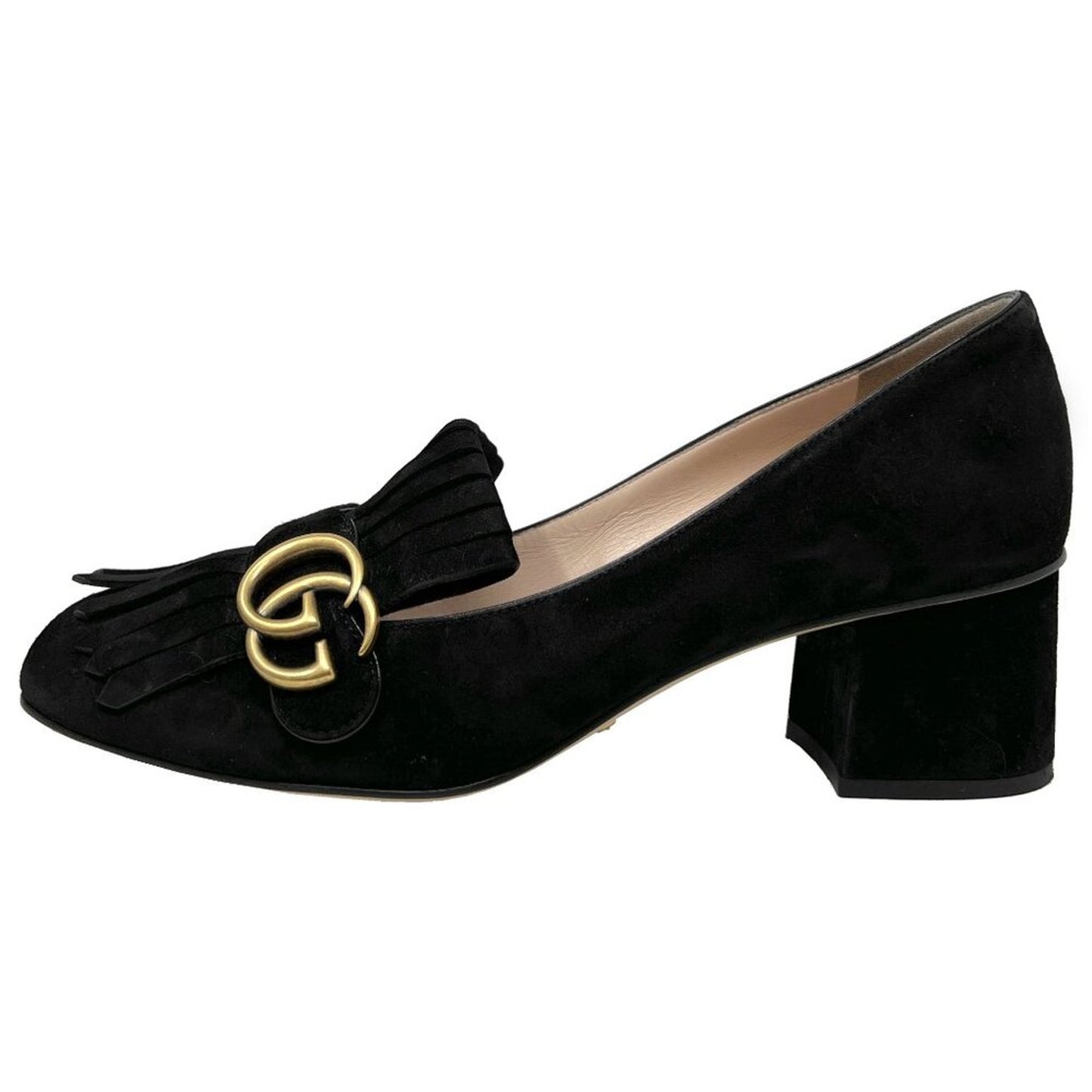 Gucci Black Suede Marmont Fringe Loafers, Gold GG Buckle, Block Heel – Size 40.5