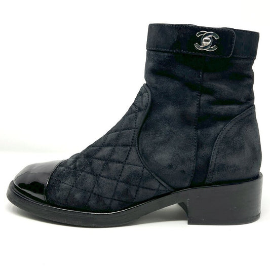 Chanel Black Cap Toe Navy Dark Blue Quilted Matelasse Suede Ankle Logo Boots